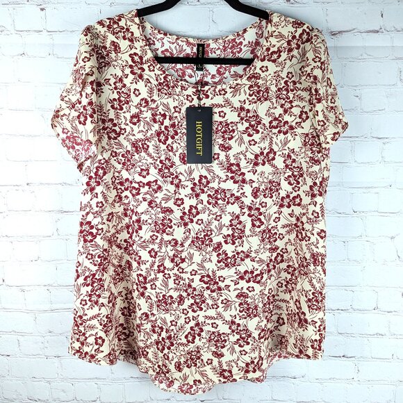 Hotgift Tops - NEW Hotgift Red/Cream Floral Blouse - Large